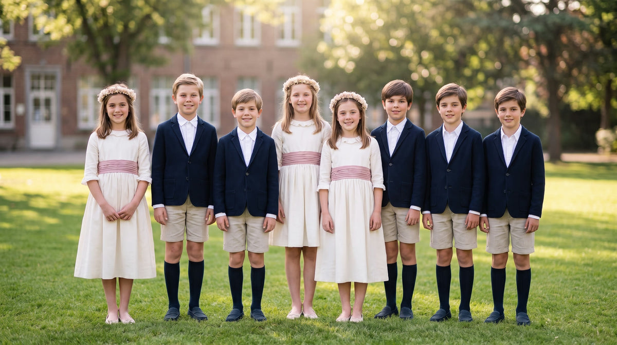 Niños y niñas de Primera Comunión con vestidos y americanas Les Amis en un jardín, ambiente de colegio