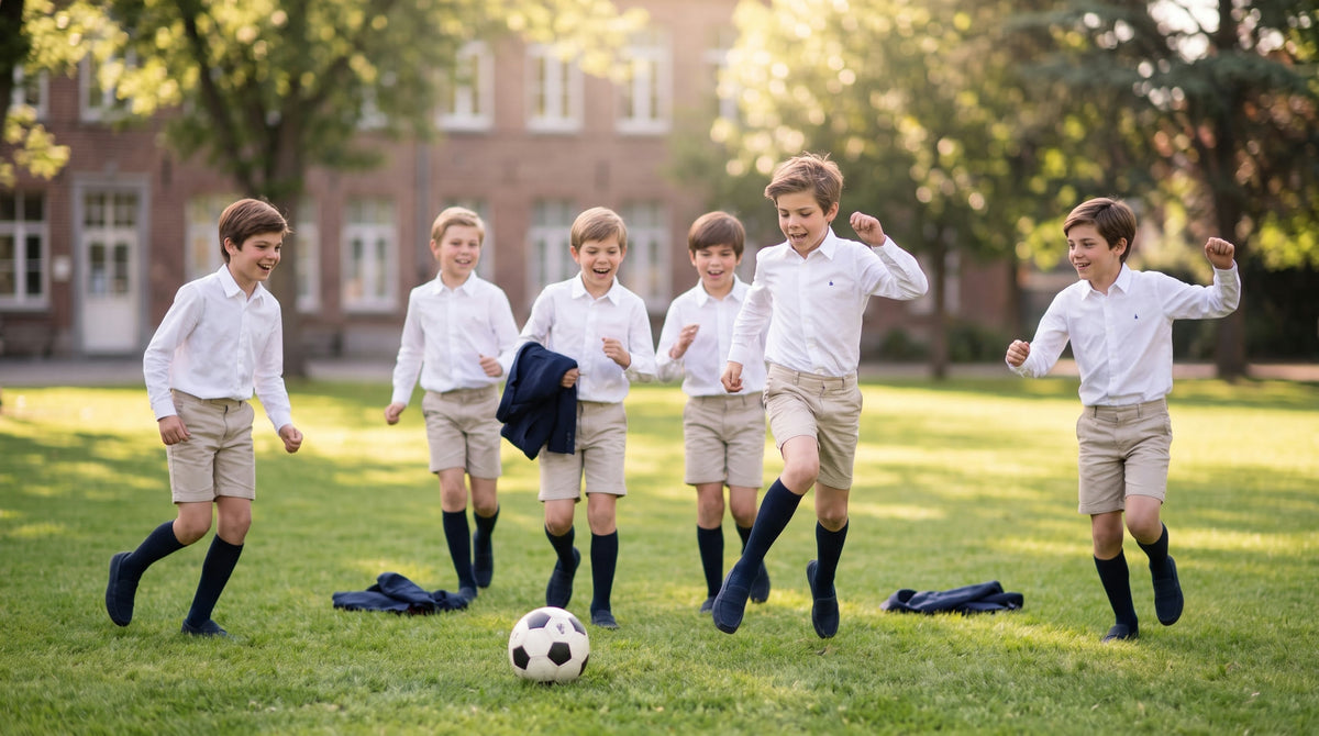 Niños de Primera Comunión jugando a fútbol en el césped del colegio con camisa Les Amis
