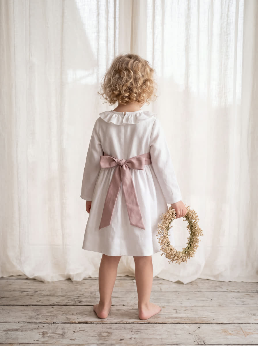 Vestido comunión niña Casilda fajín rosa espalda