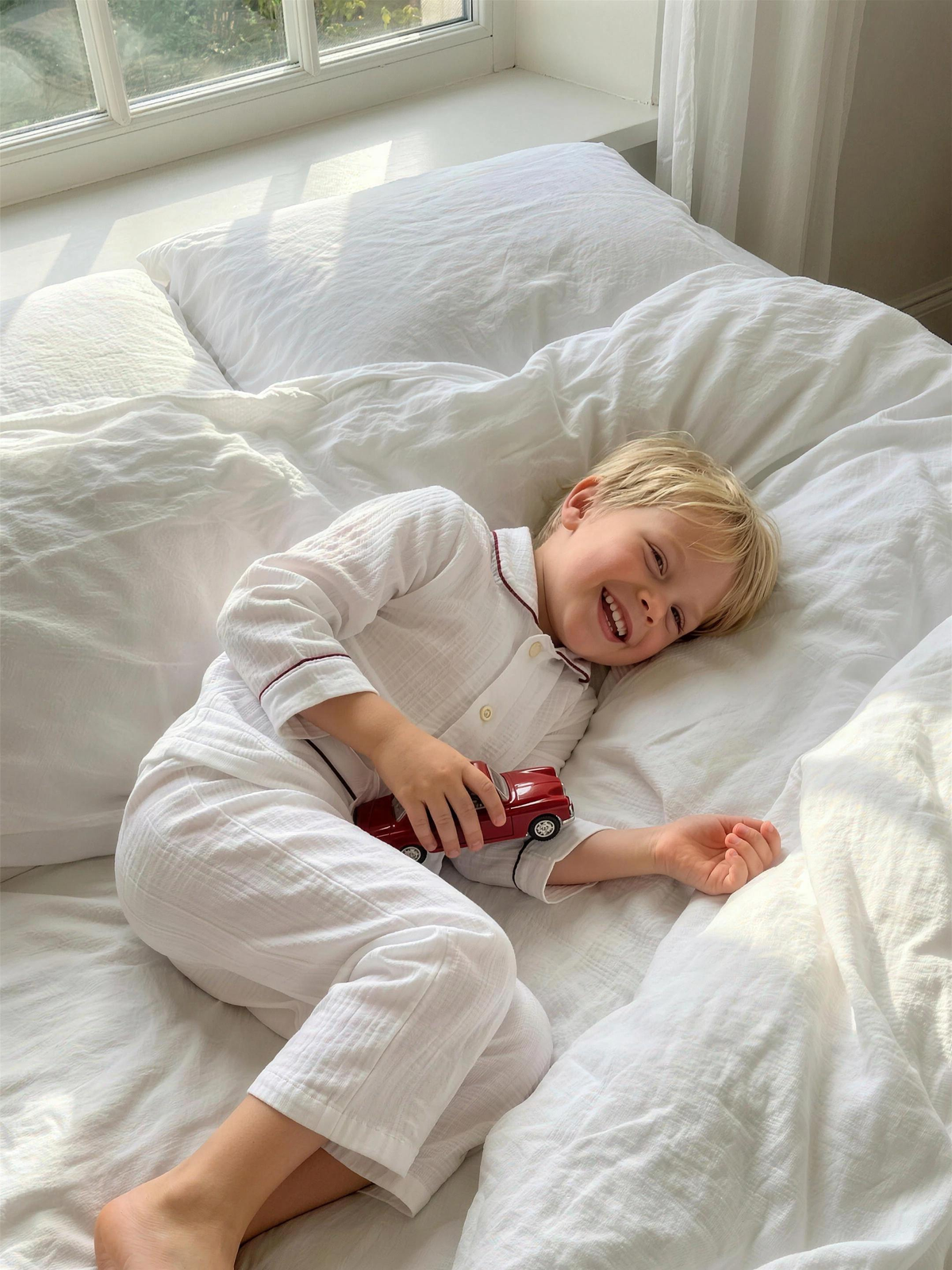 Luis con pijama tumbado en la cama, encuadre ajustado